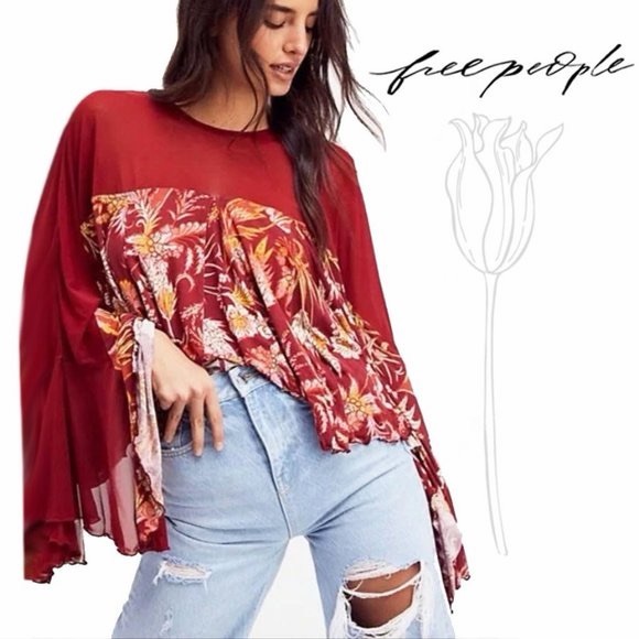 Free People Tops - Free People Red Floral Blouse